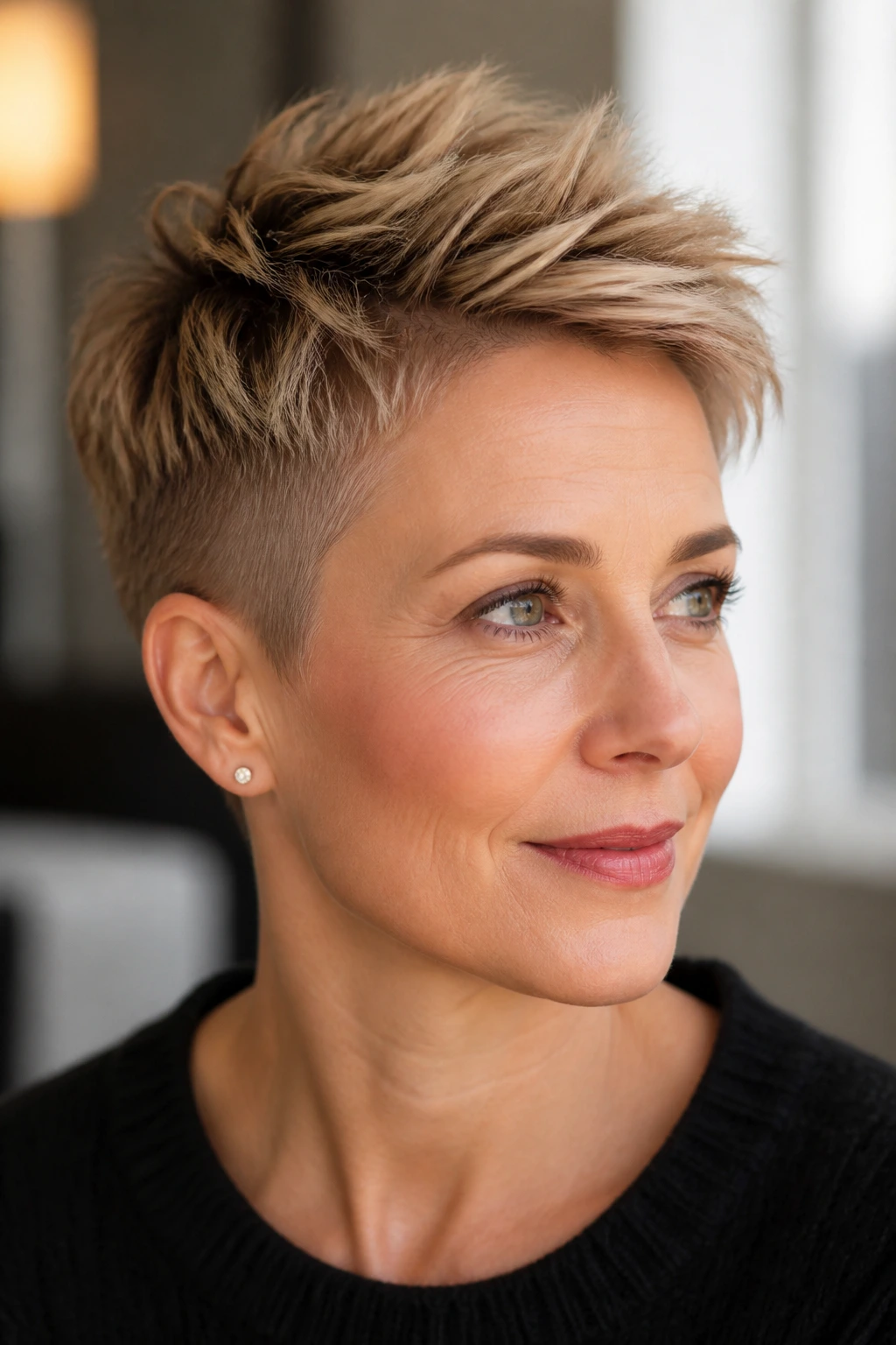 Real woman with tapered crown pixie hairstyle