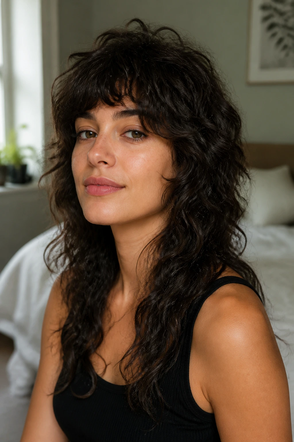 Close-up portrait of a real woman with tapered crown shag showing lifted crown