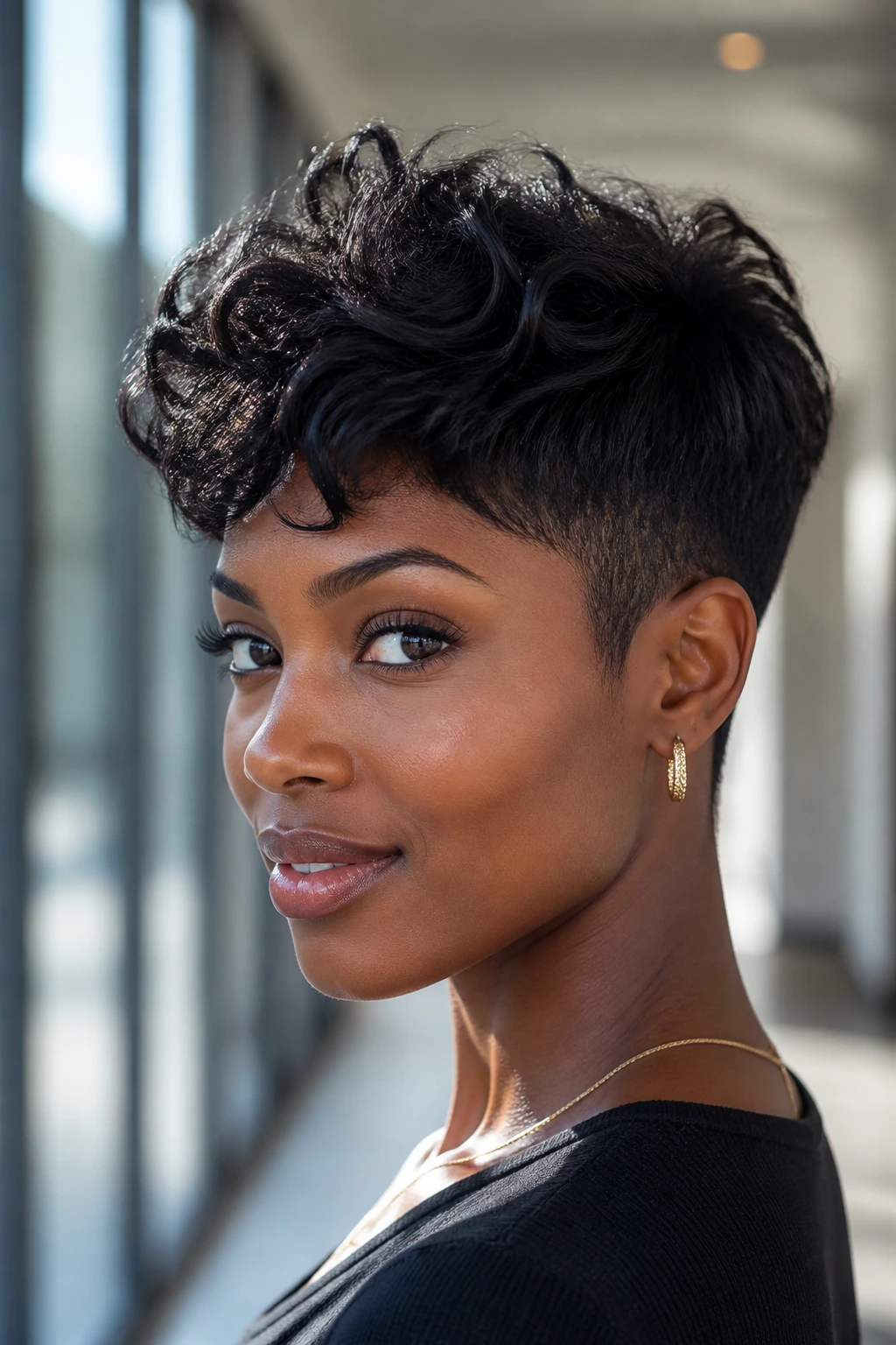 Real woman with tapered crown two-block crop showing lift and low sides.