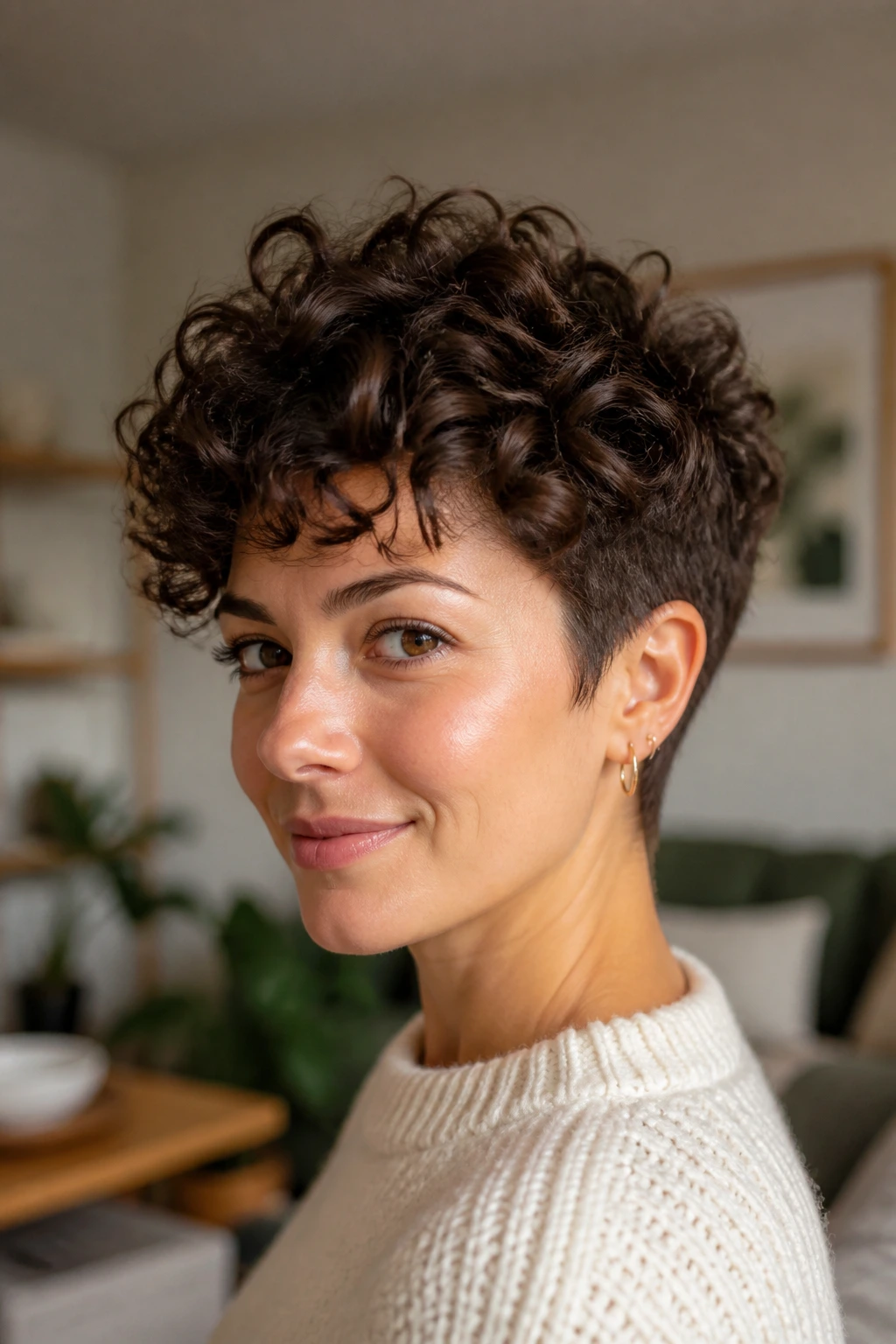 Close-up of a real woman with a tapered cut and crown volume, curls lifted at the crown.