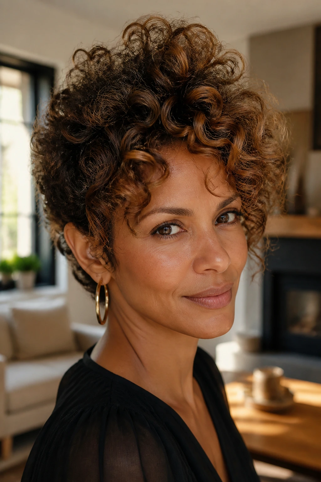 Close-up portrait of a real person with tapered crown volume in medium curly hair