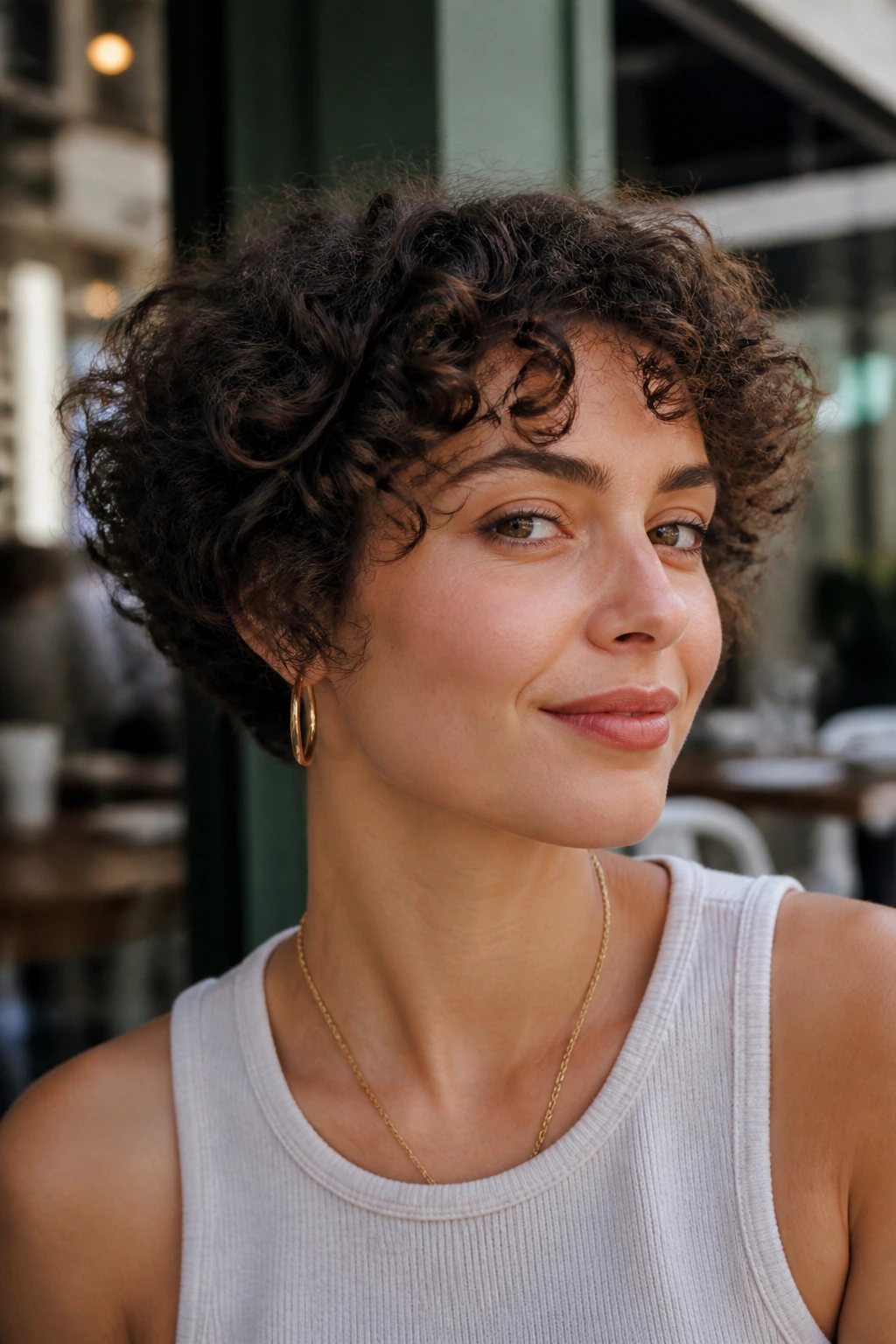 Portrait of a real woman with tapered curl bob narrowing the sides.