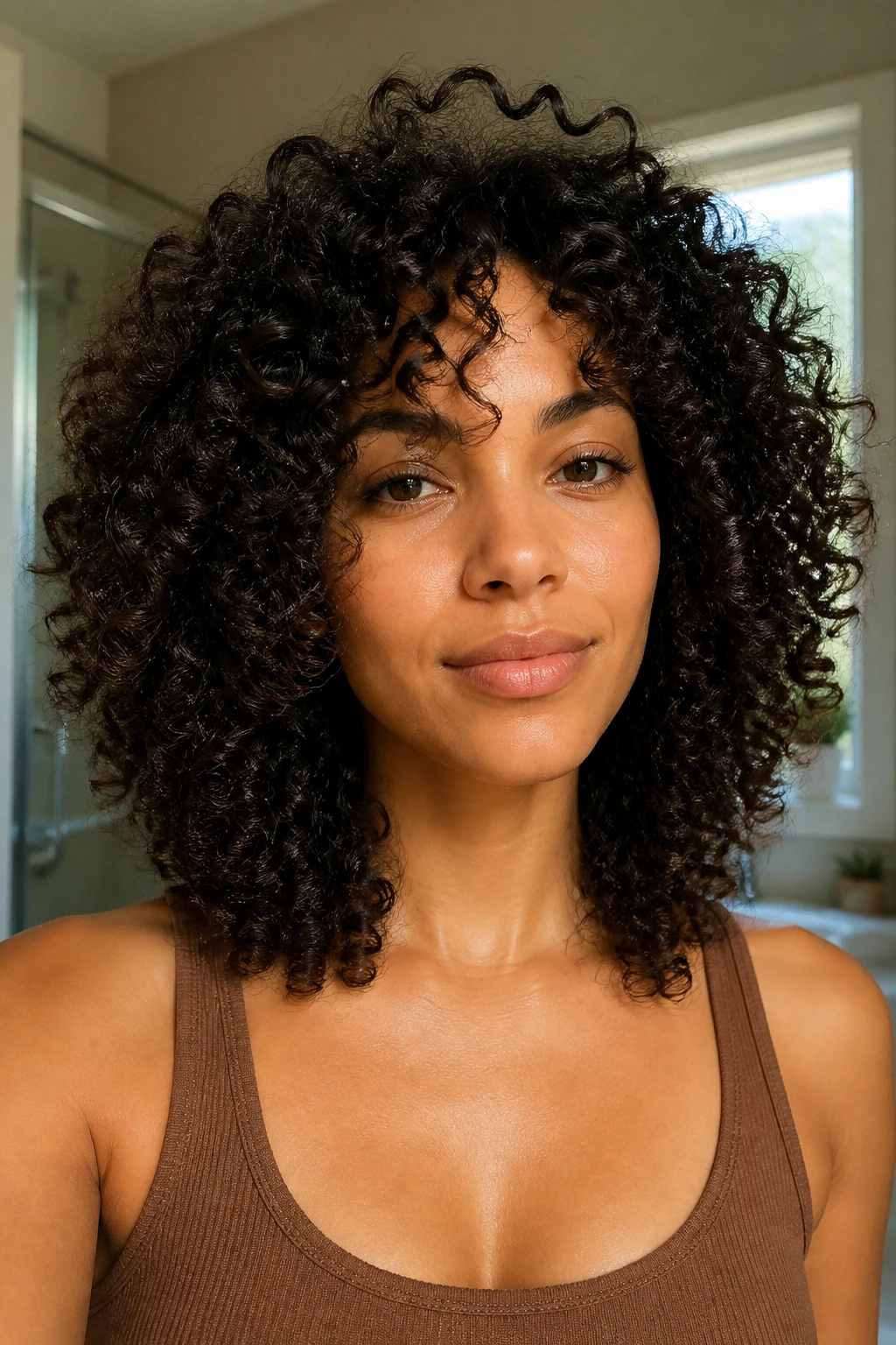 Close-up of a real woman with tapered shape for dense curls in softly lit bathroom.