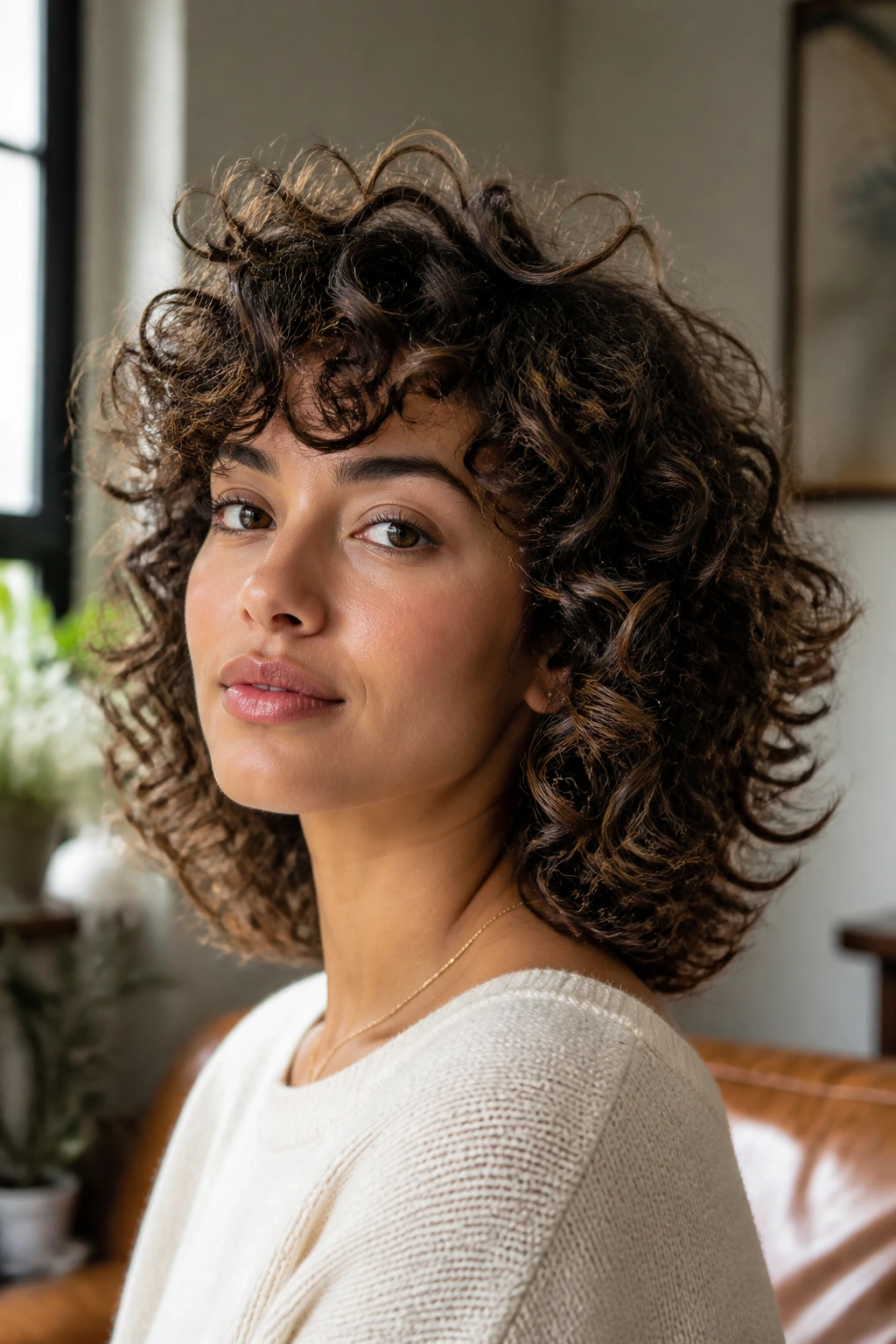 Close-up of a real person with a tapered curly hairstyle and flipped-out ends