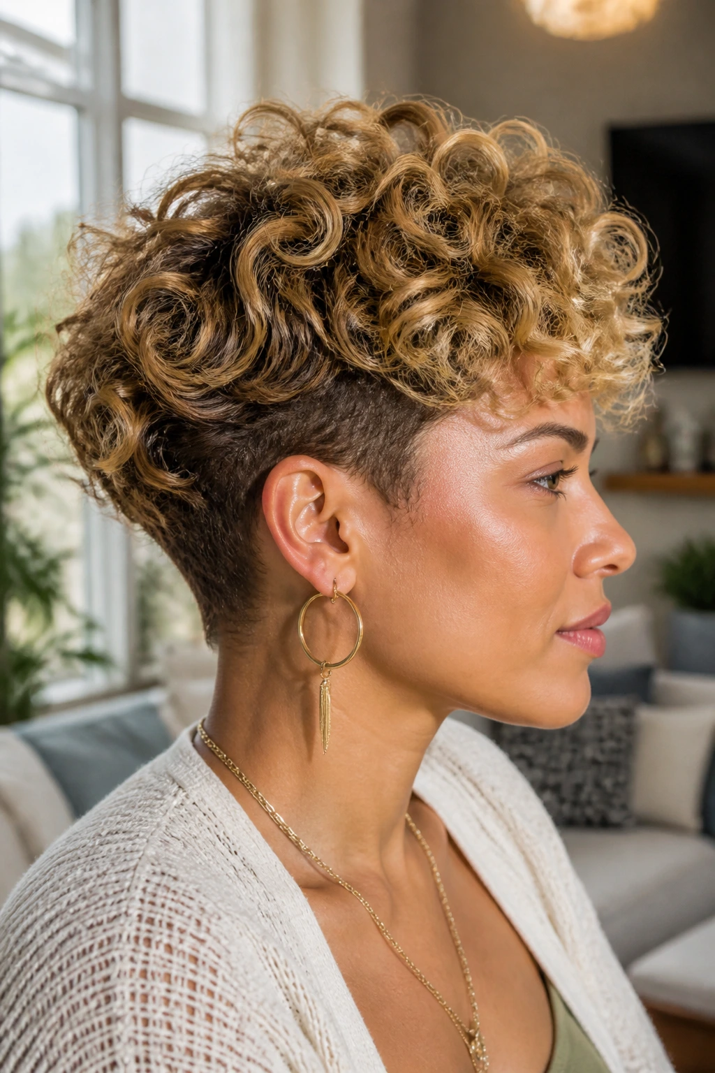 Close-up of a real woman with tapered natural curls and golden ribbons