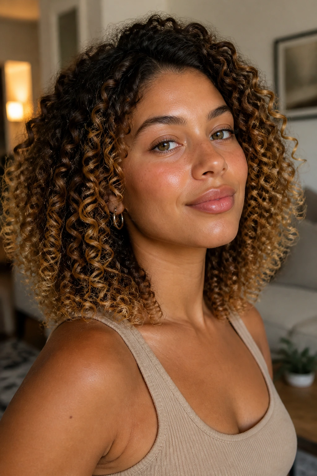Close-up portrait of a woman with tapered curls and golden tips on olive skin