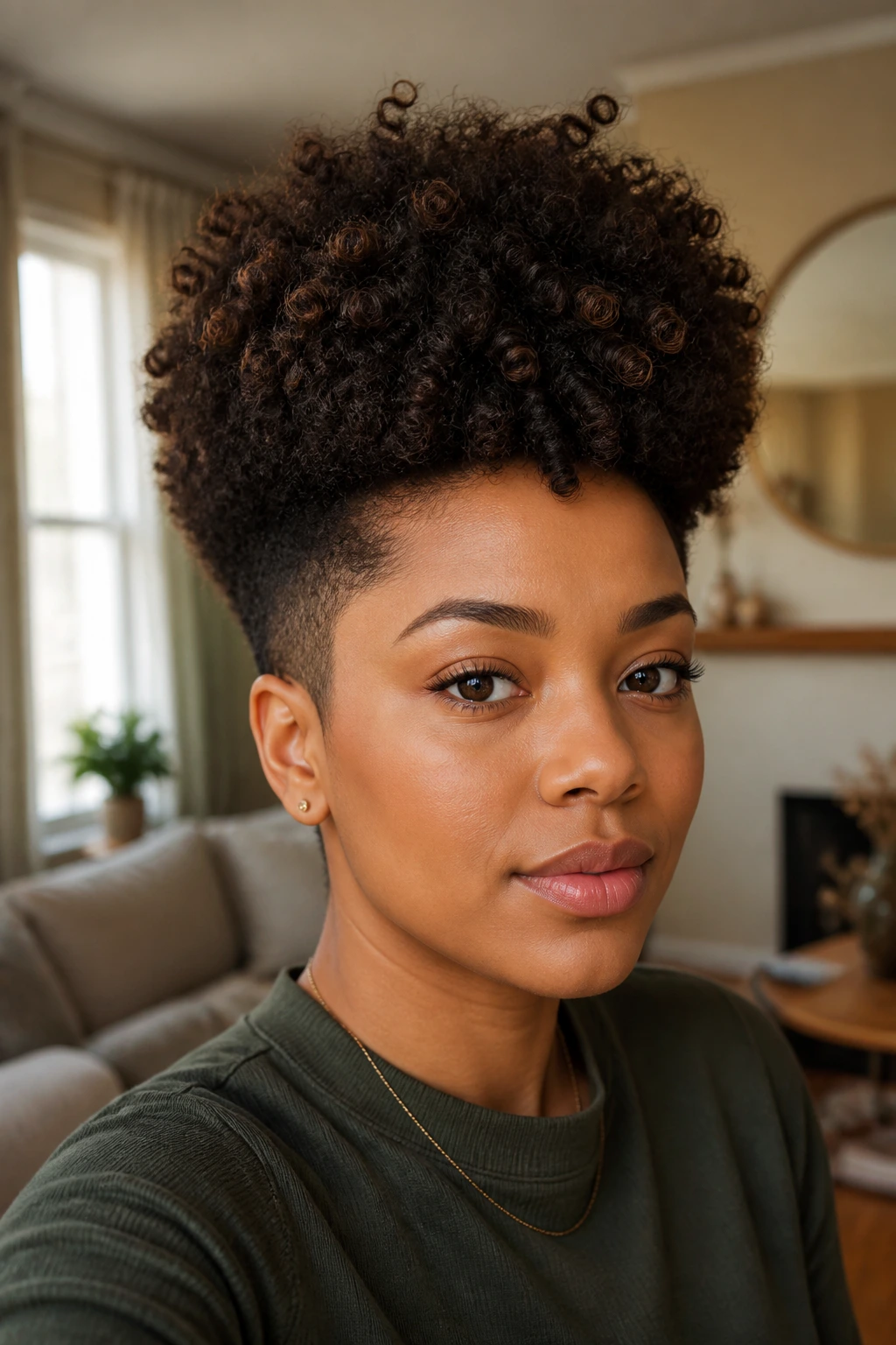 Close-up of a person with a tapered curly Afro and tall crown