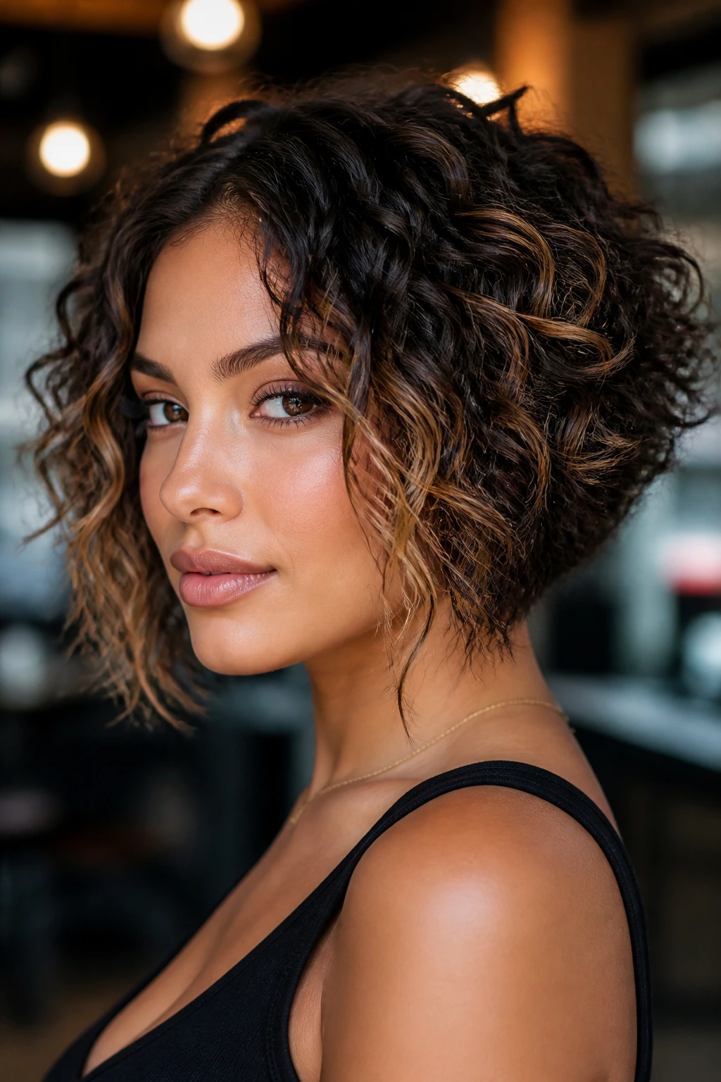 Real person with a tapered curly bob featuring a longer front edge and caramel highlights.