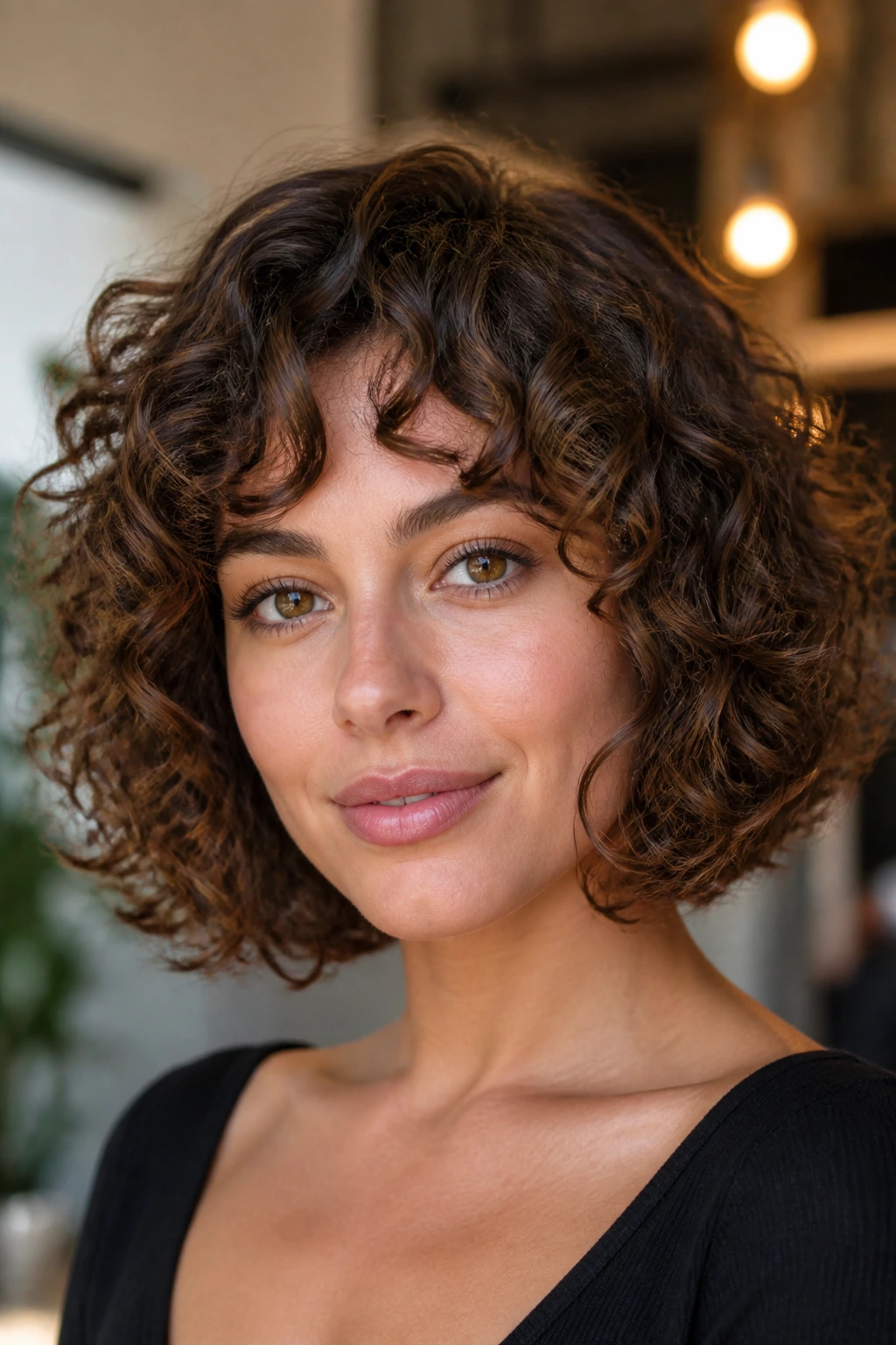 Real woman with tapered curly bob and fuller bottom along the jawline