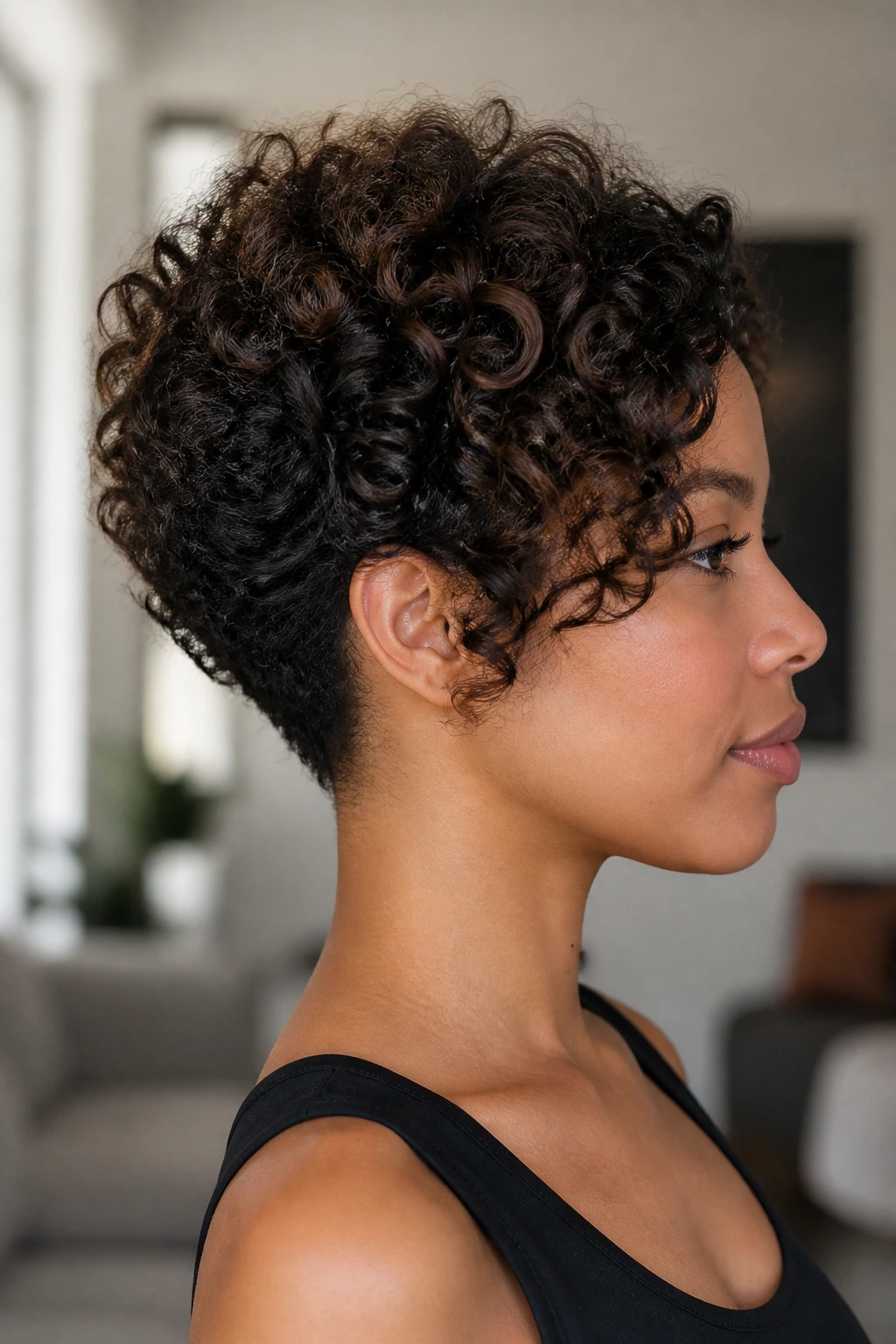 Real person with tapered curly bob and close nape showing neat neck line