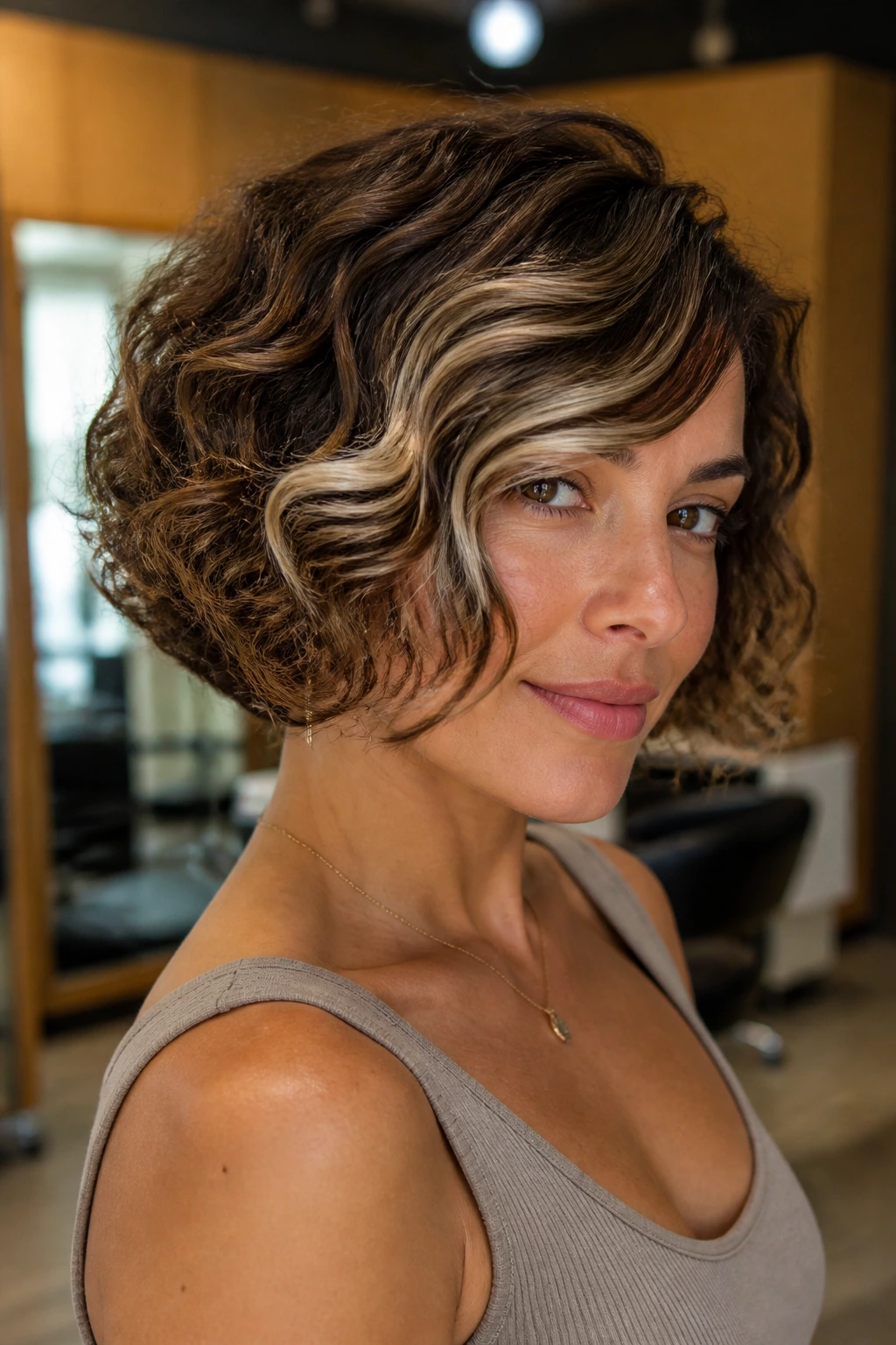 Real person with tapered curly bob and side-swept fringe with money piece