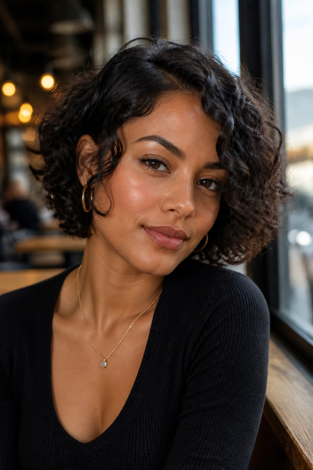 Close-up of a tapered curly bob with soft temple pieces