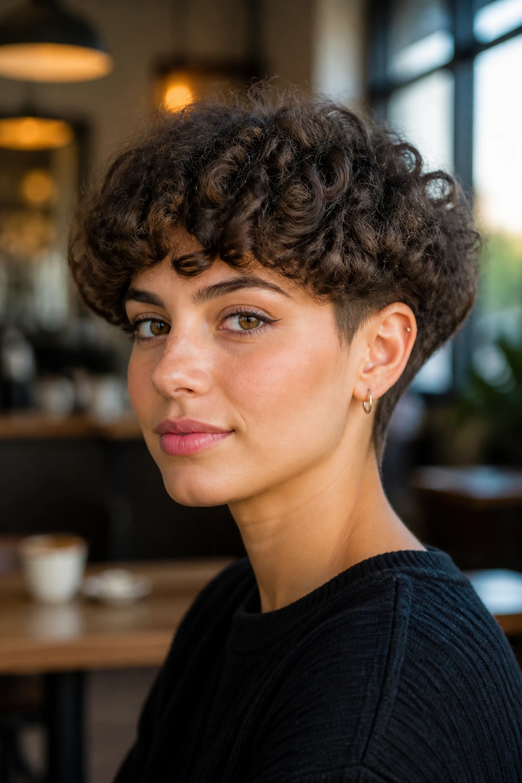 Close-up portrait of a real person with a tapered curly bowl cut.
