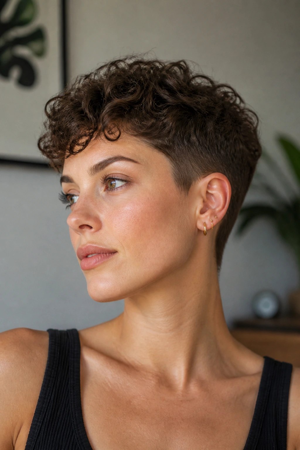 Real woman with tapered curly crop in a modern interior