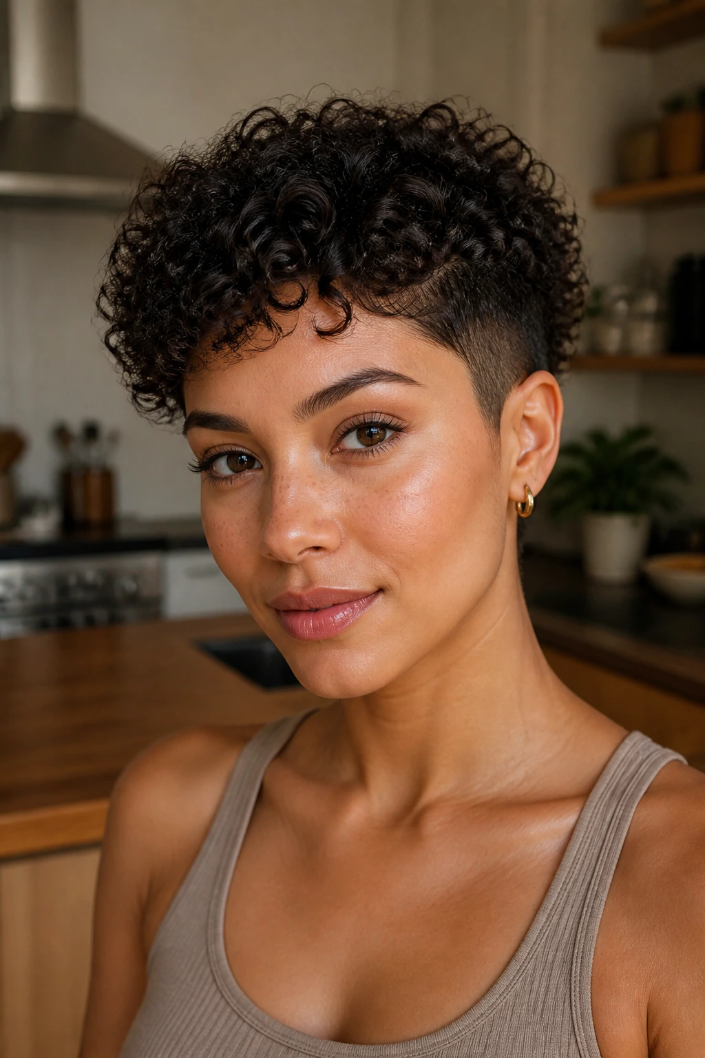 Close-up of a woman with a tapered curly crop showing tapered sides and textured crown.