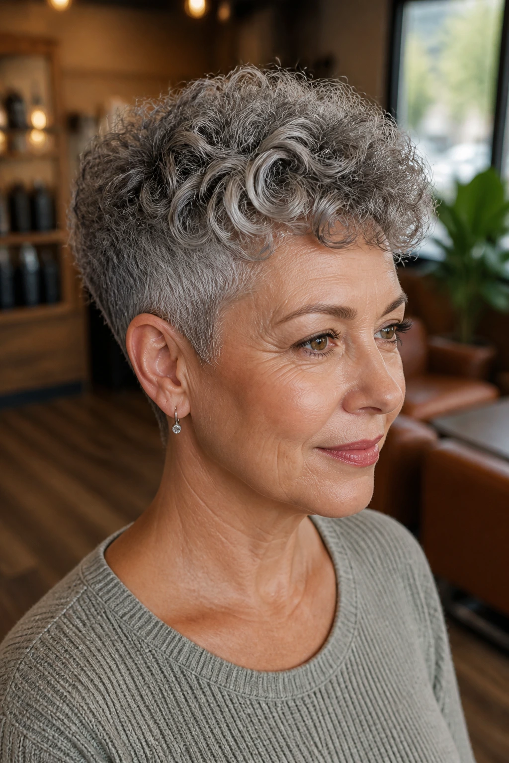 Close-up of a real woman with a tapered curly crop with short sides in a warm salon