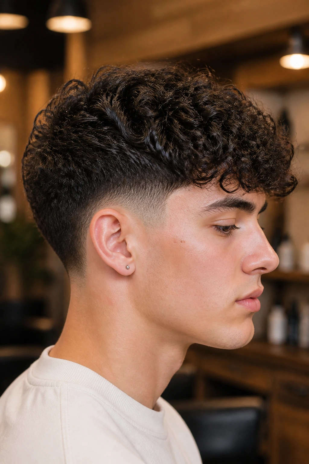 Close-up of a real person with a tapered curly crop hairstyle.