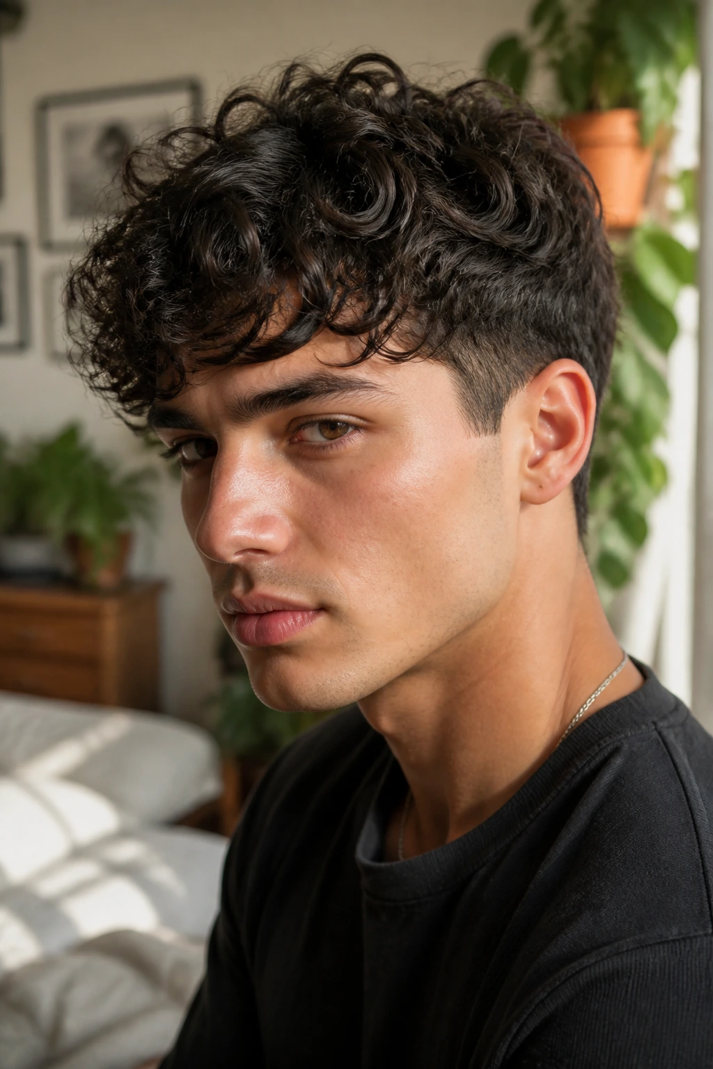 Real person with tapered curly crop showing top curl and tapered sides