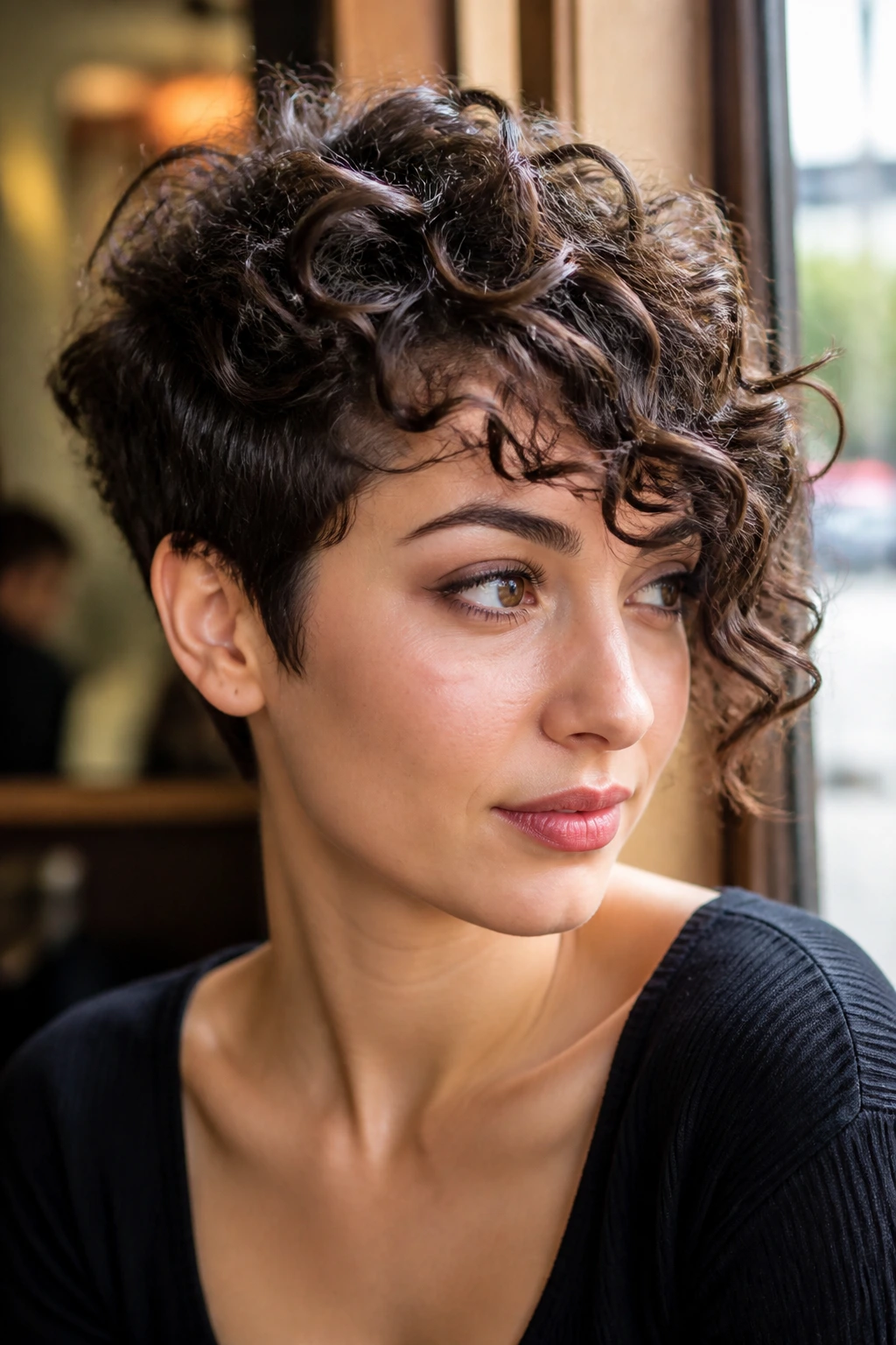 Real woman with tapered curly crop and sweeping fringe