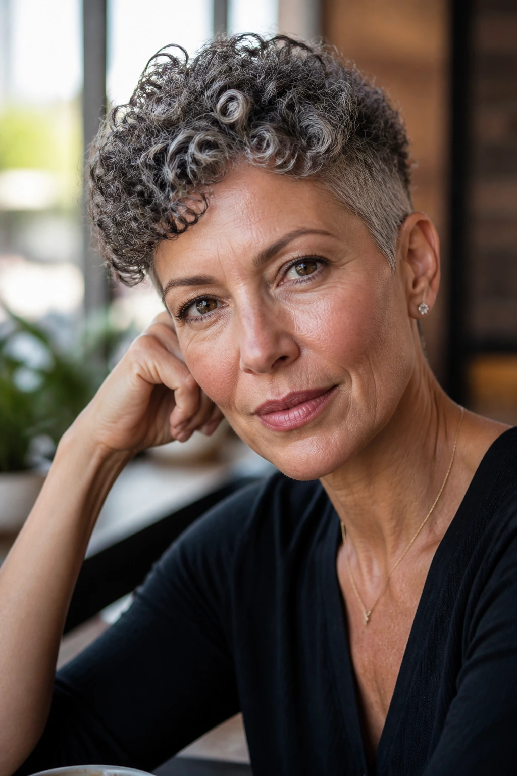 50+ woman with tapered curly crop showing narrow silhouette and curl pattern.