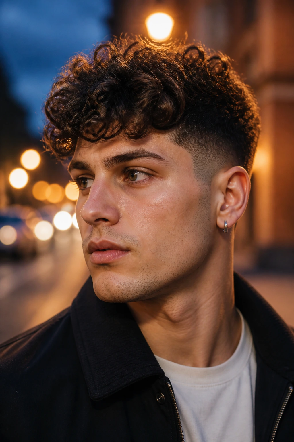 Close-up of real person with tapered curly crop and longer top.