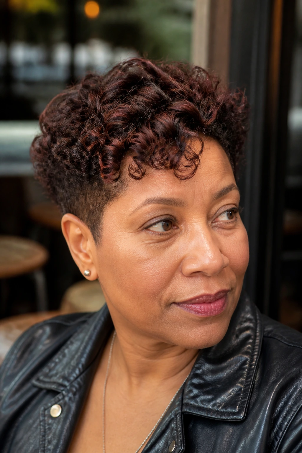 Tapered curly crop with mahogany undertones.