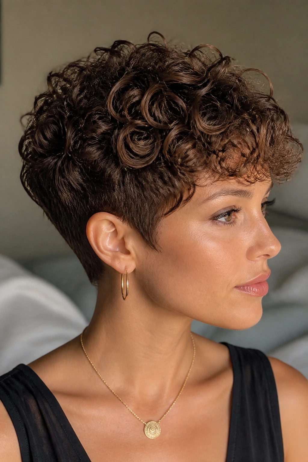Close-up of tapered curly crop with mocha lowlights on a real person