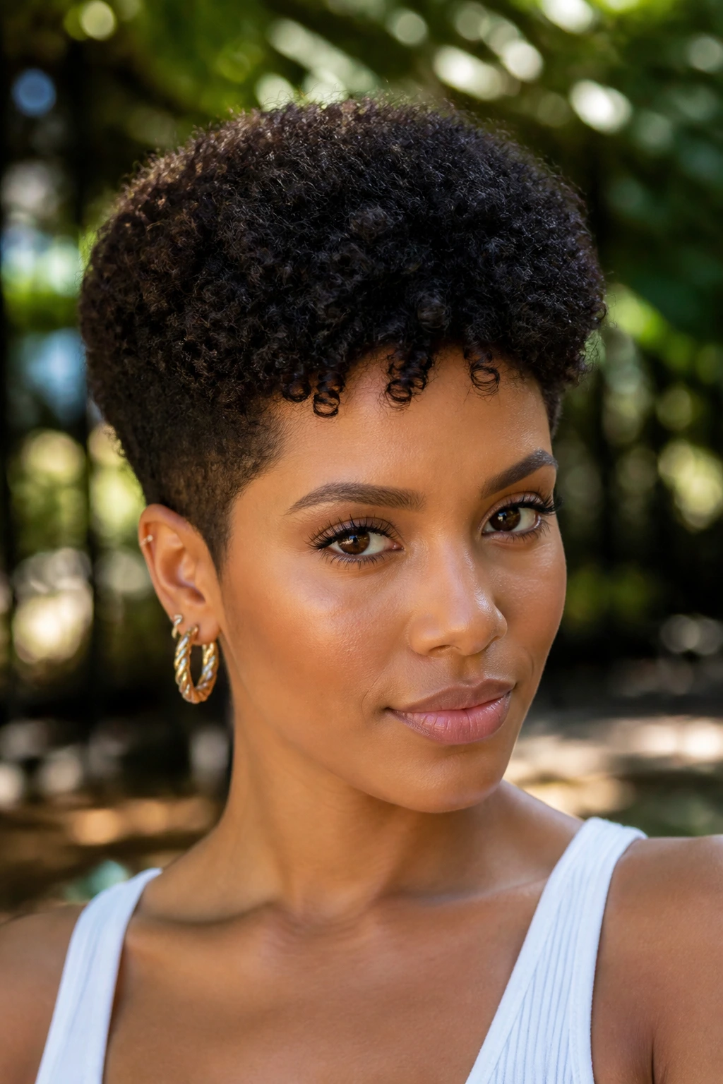 Close-up portrait of a woman with a tapered curly crop for tight coils
