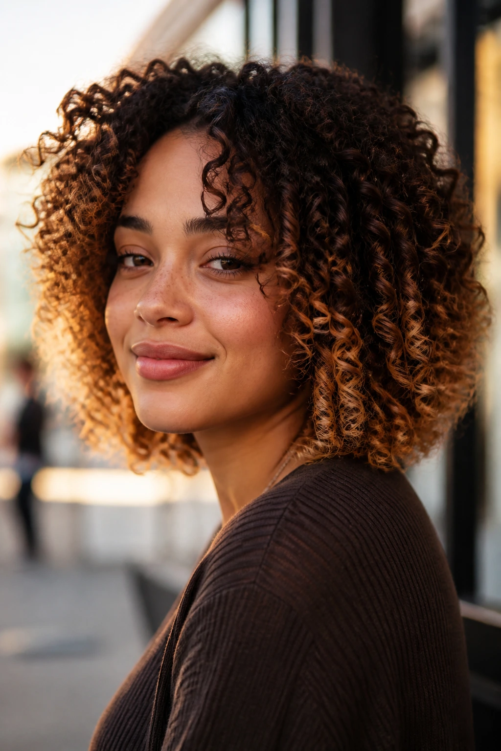 Close-up of a real woman with tapered curly cut and copper-blonde tips