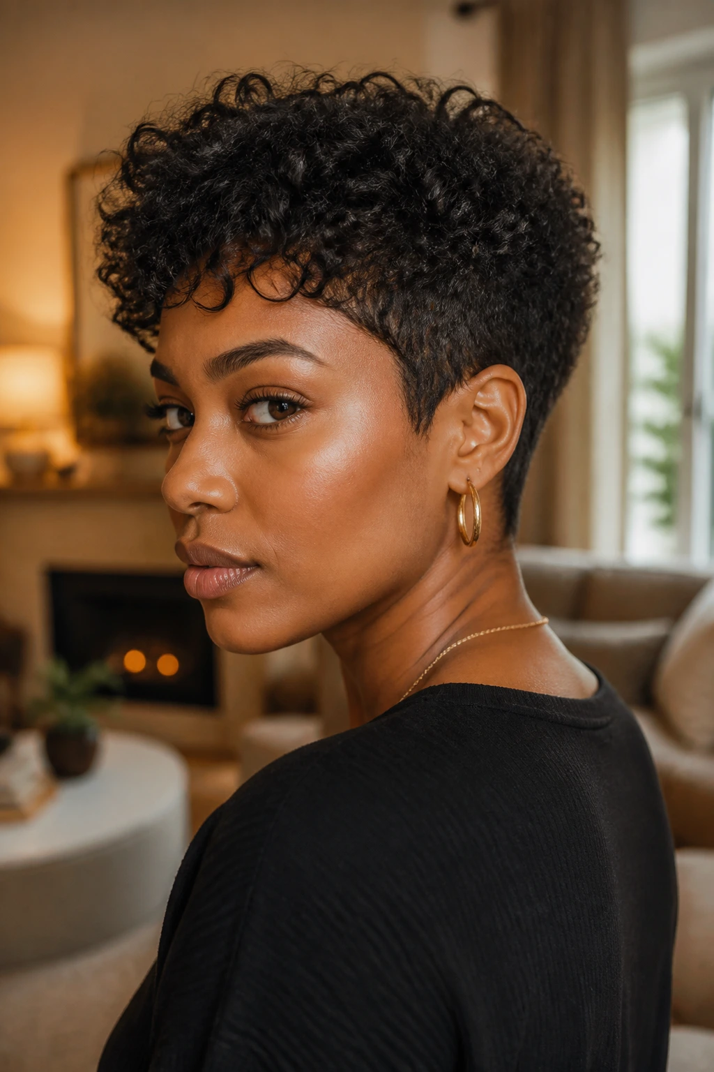 Close-up portrait of a woman with a tapered curly cut and strong perimeter