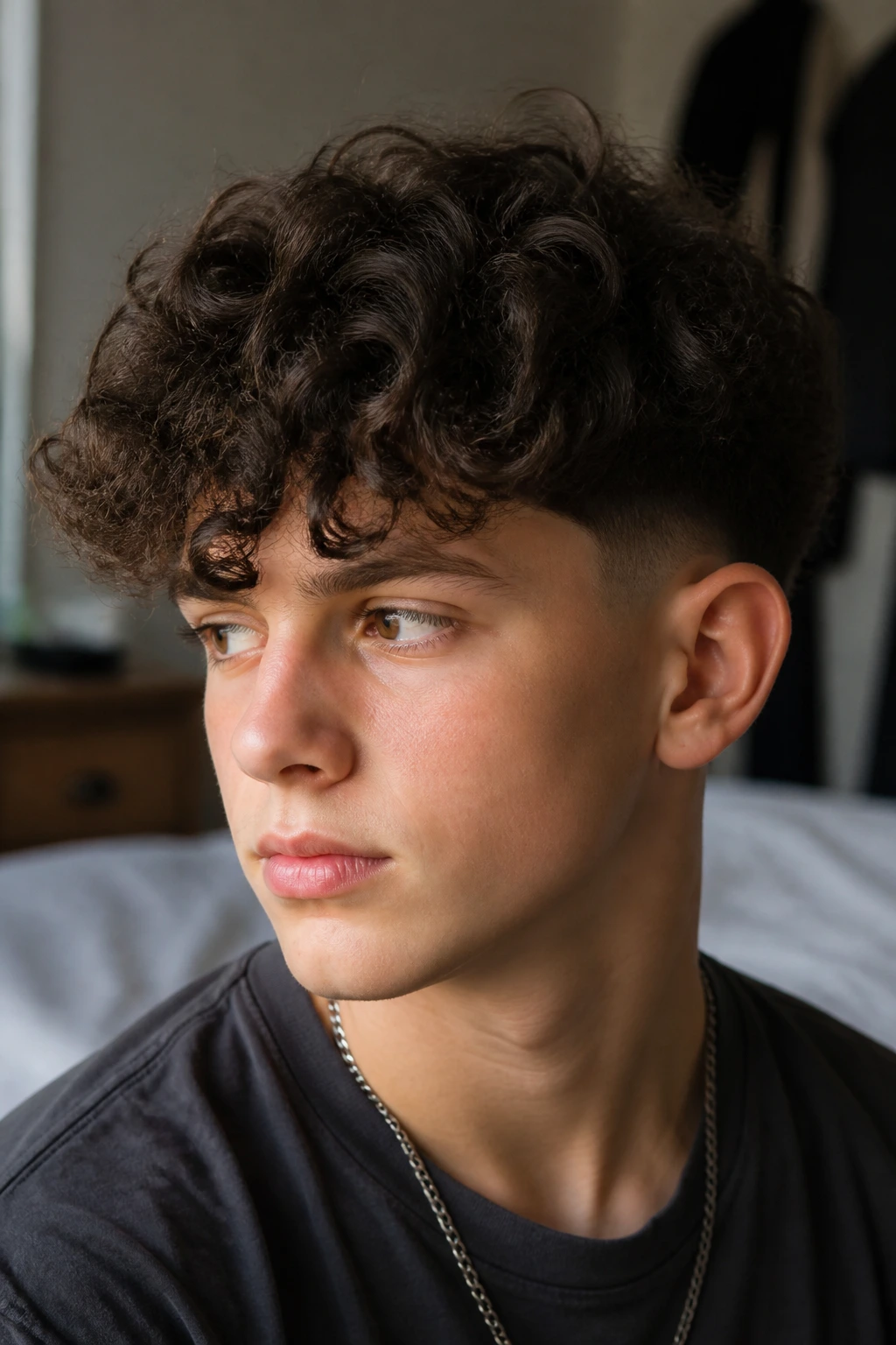 Close-up portrait of a boy with tapered curly fringe curling over the forehead