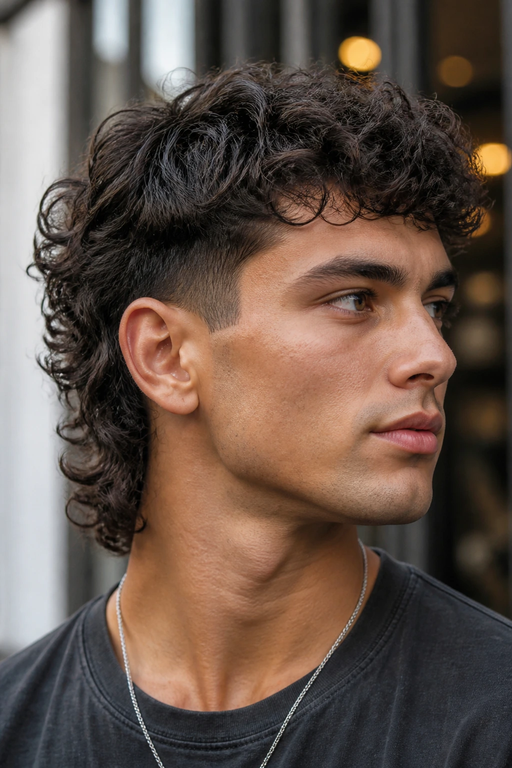 Real person with tapered curly mullet hairstyle in an urban setting