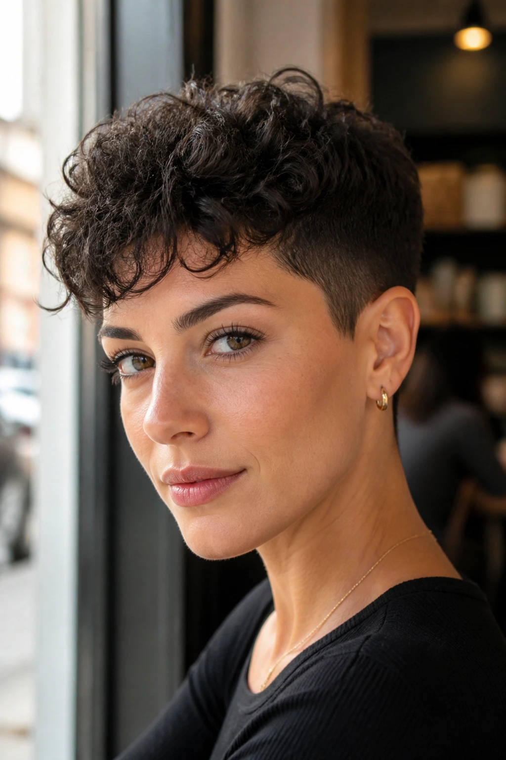 Real woman with tapered curly pixie in daylight