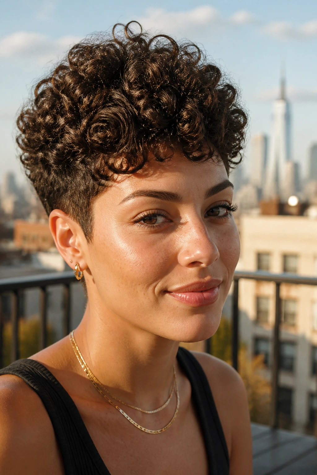 Portrait of a woman with a tapered curly pixie showing crown-height curls