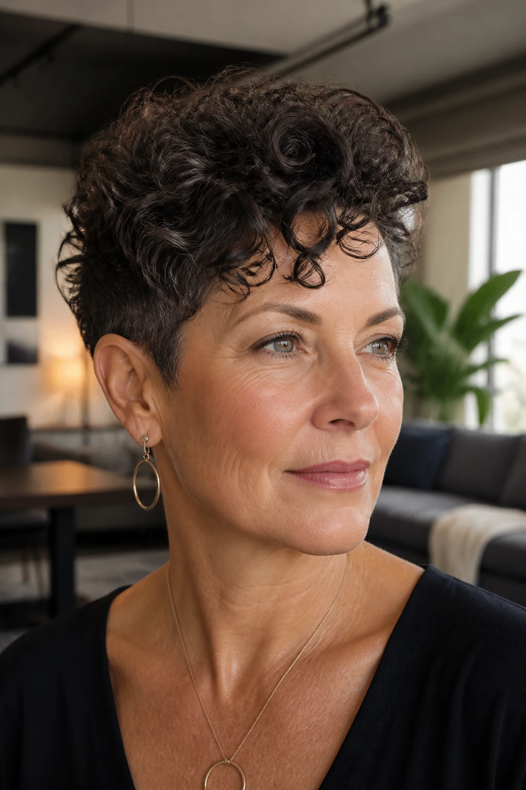 Real woman with tapered curly pixie hairstyle