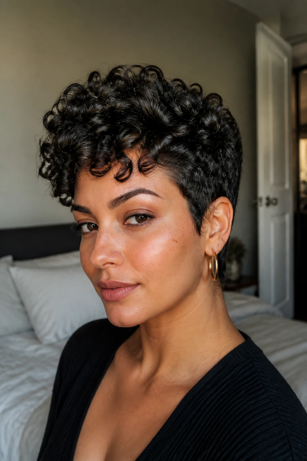 Close-up of a real woman with a tapered curly pixie and crown height in warm window light.
