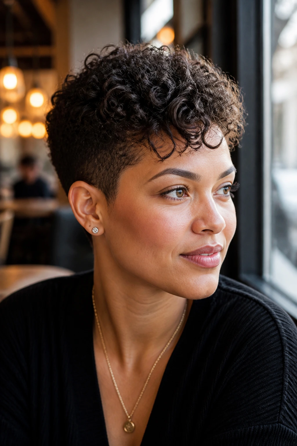 Portrait of a real person with a tapered curly pixie haircut
