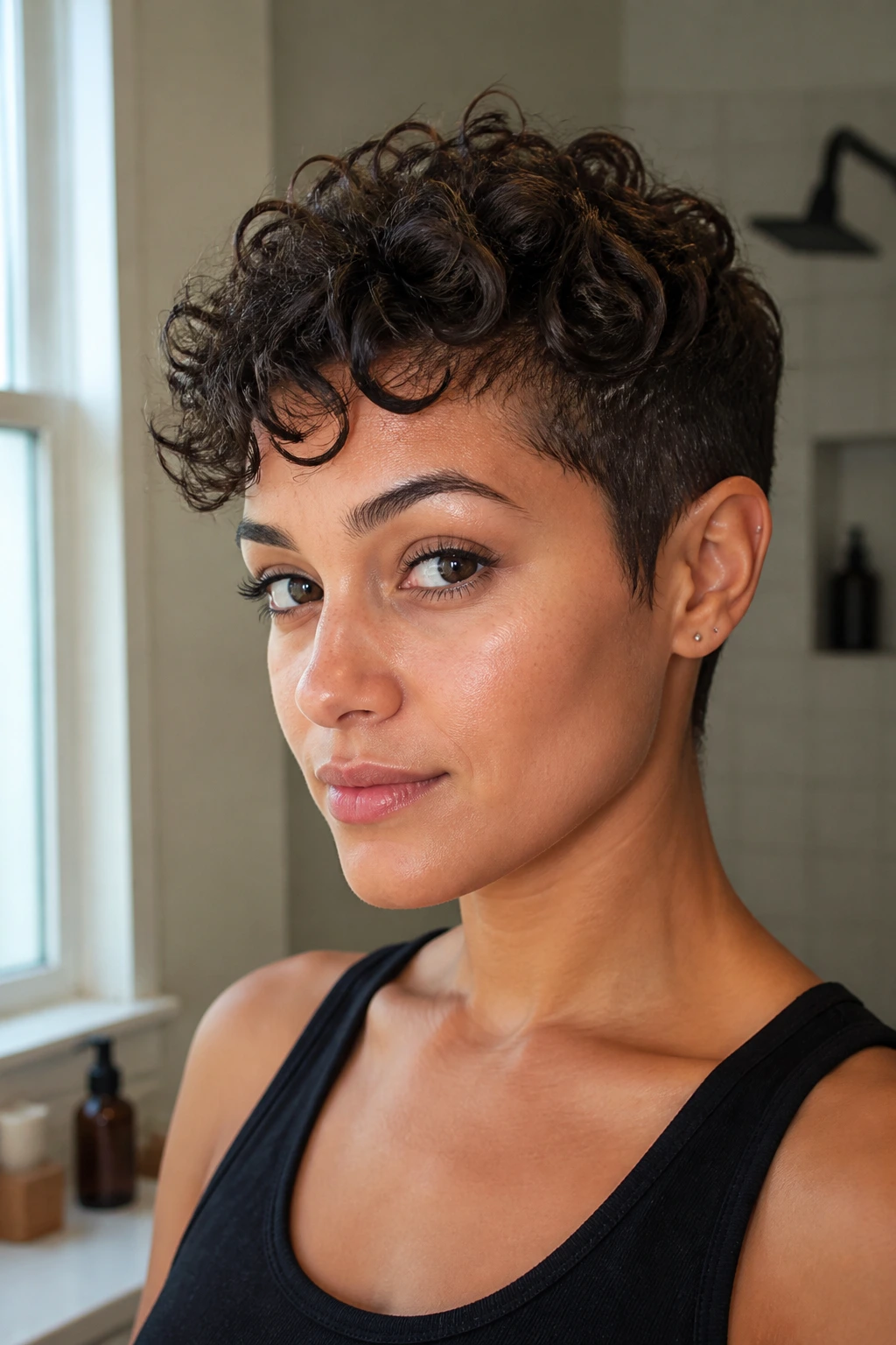 Real person with tapered curly pixie haircut in soft bathroom light