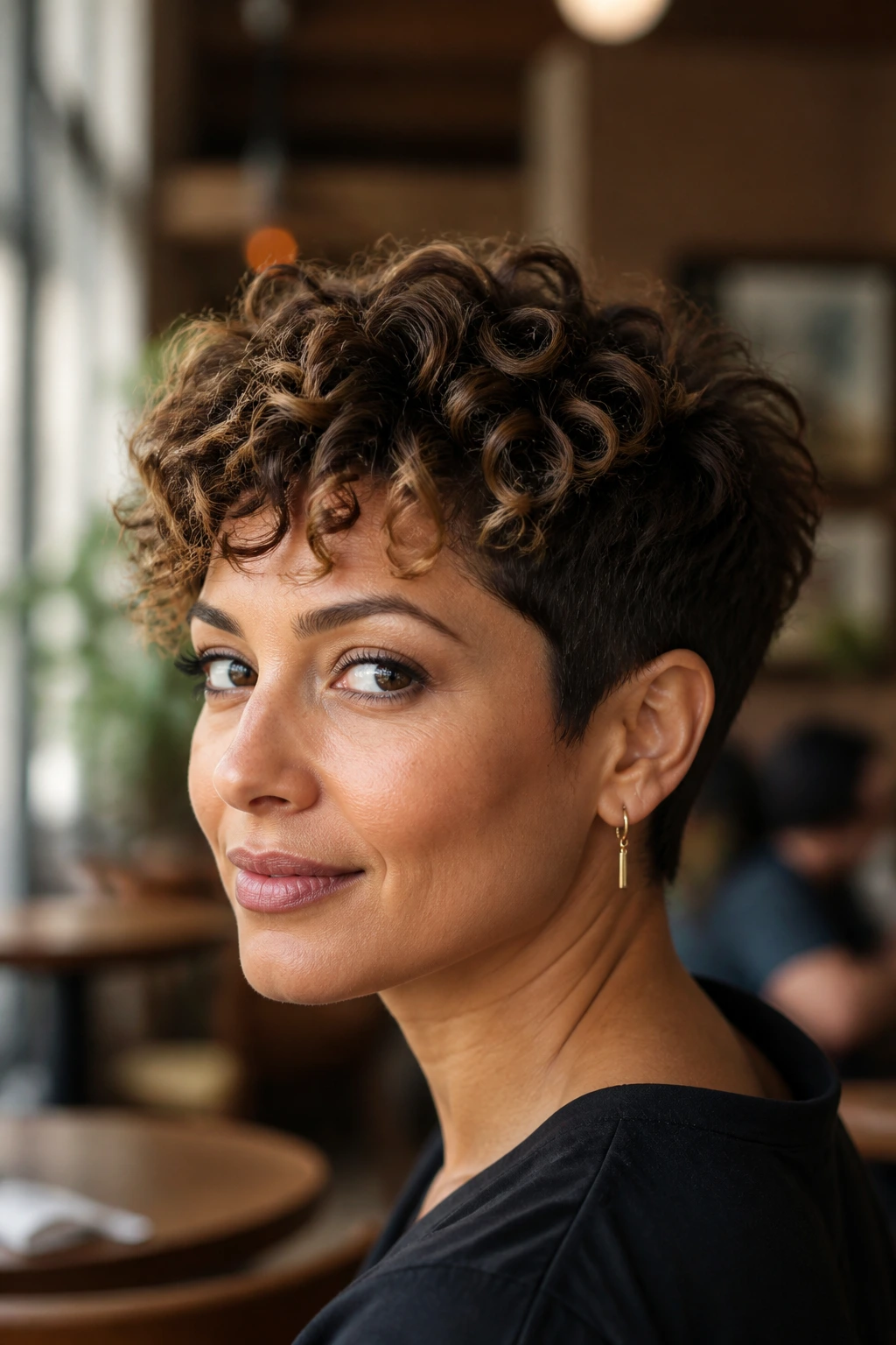 Real woman with tapered curly pixie and toffee ends