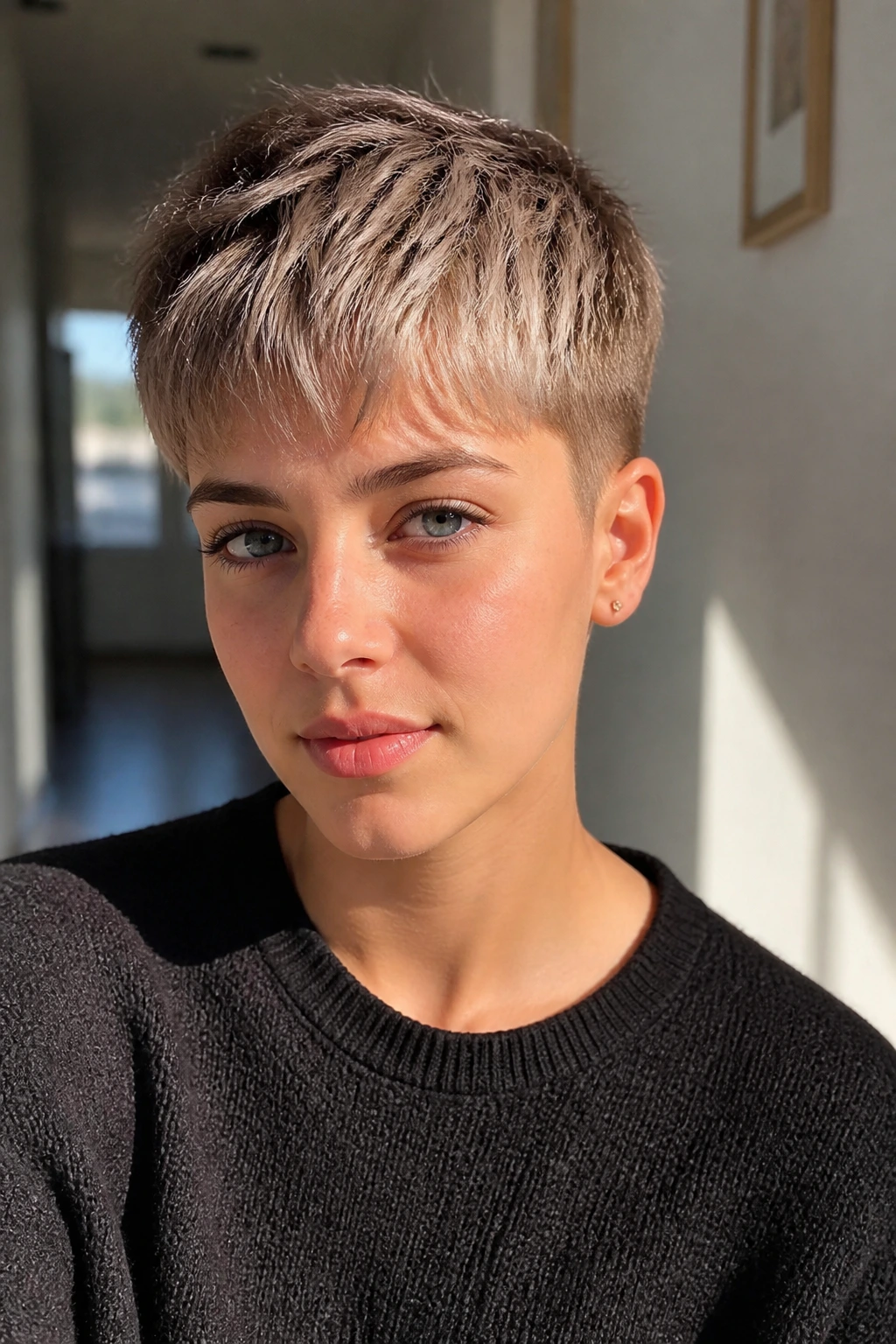 Real person with an airy tapered cut and brushed-forward texture in daylight.