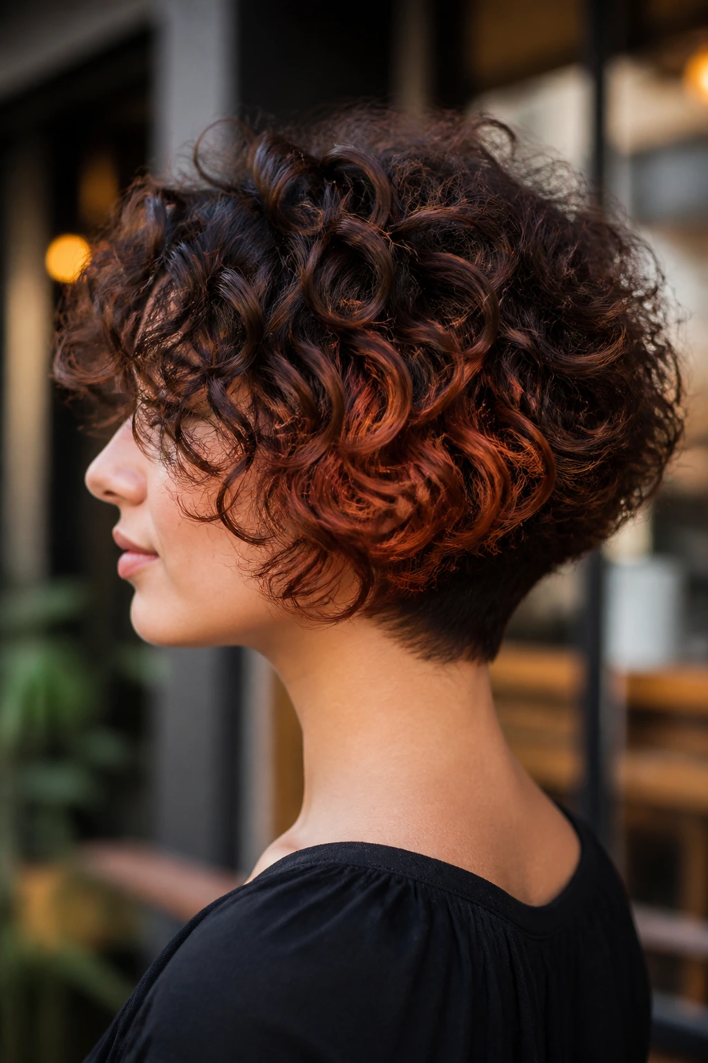 Real person with tapered curly cut and cinnamon underlights