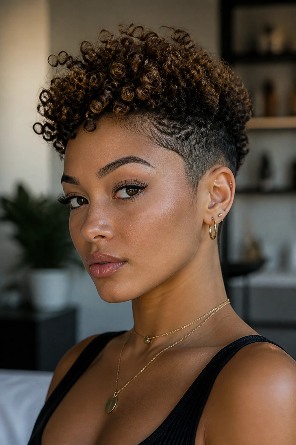 Close-up of a real woman with tapered sides and coils on top