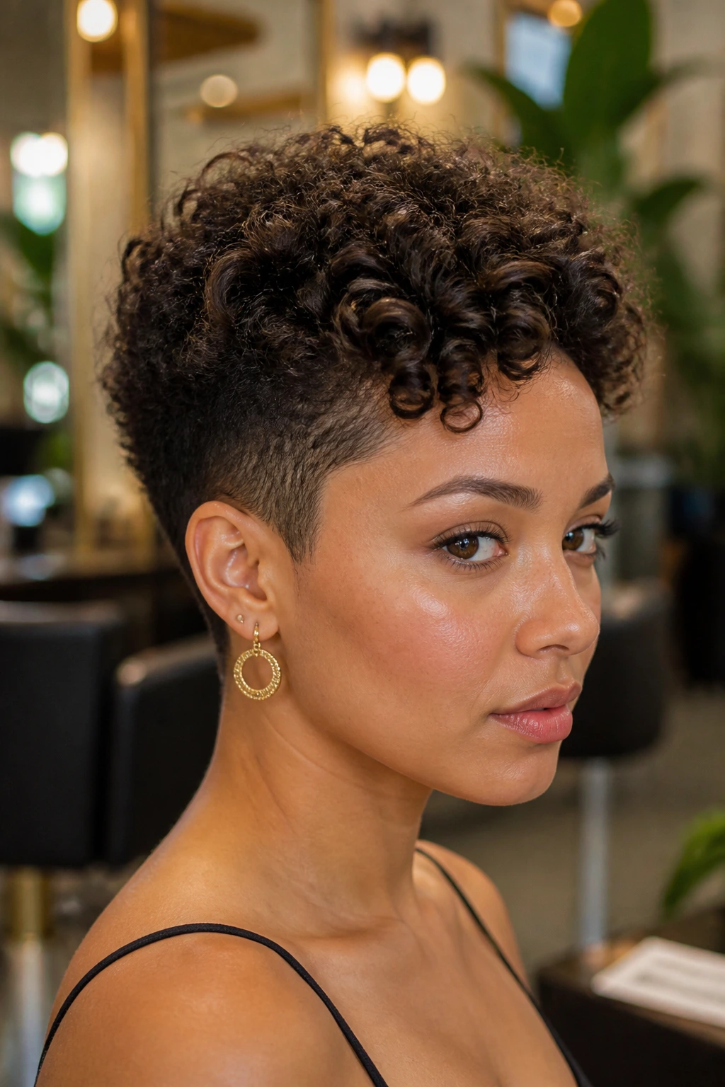 Close-up portrait of a real person with a tapered cut and crown height in a chic salon