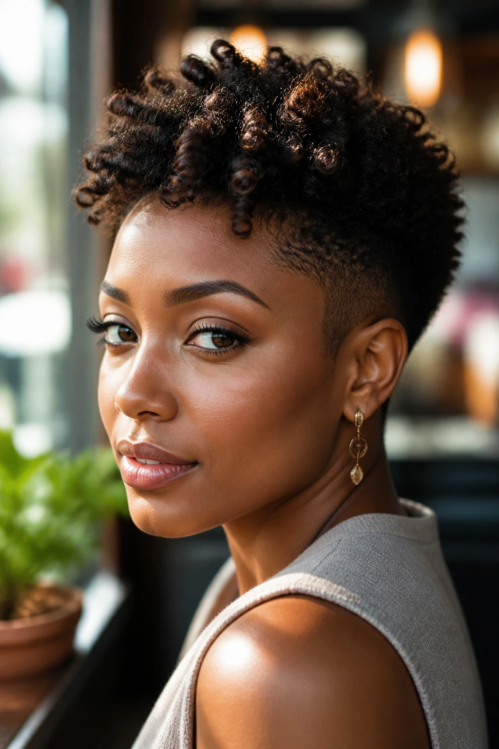 Close-up portrait of a real Black woman with a tapered cut featuring short sides and lifted crown in a sunlit cafe setting