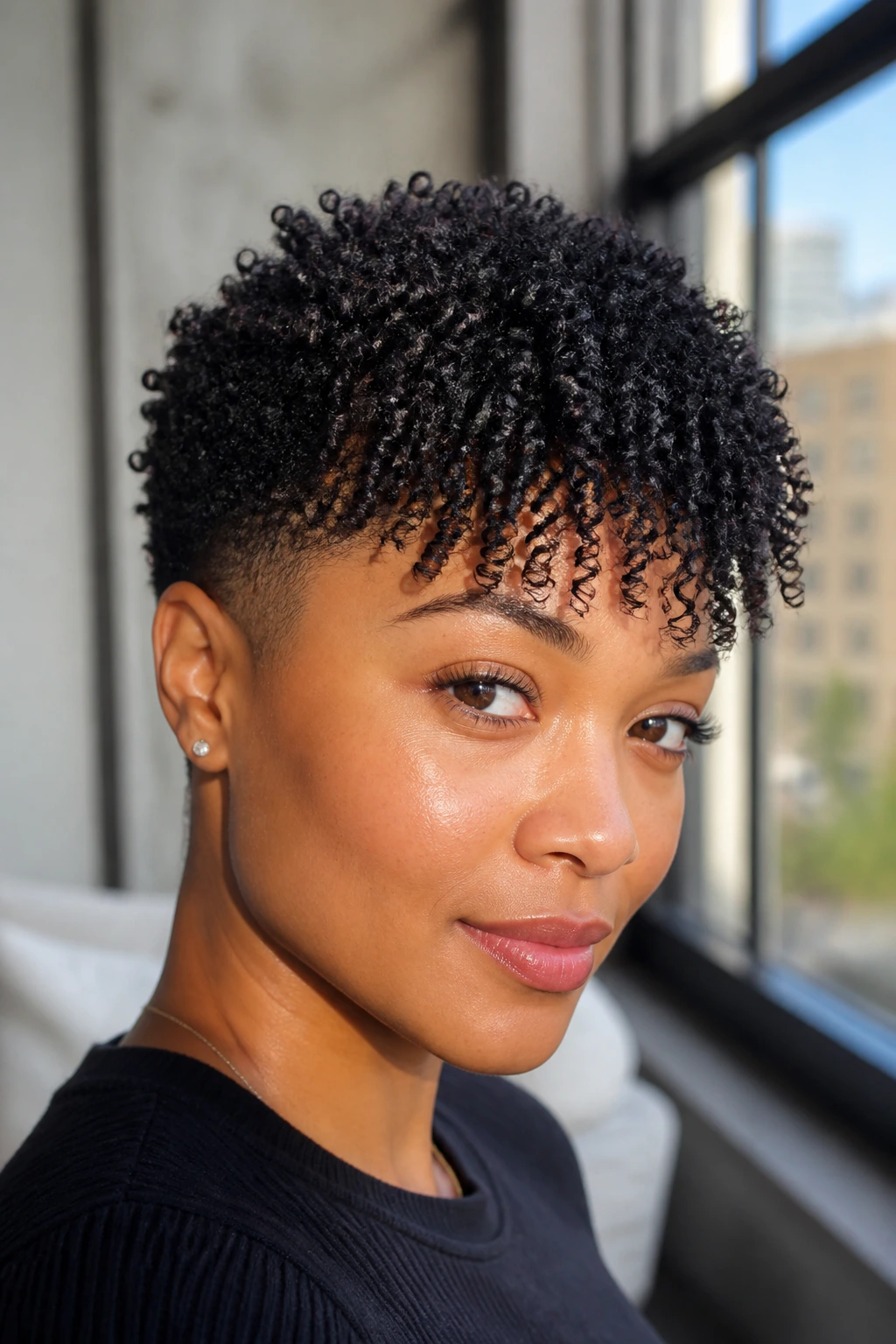 Close up of a real person with a tapered cut and defined coil fringe