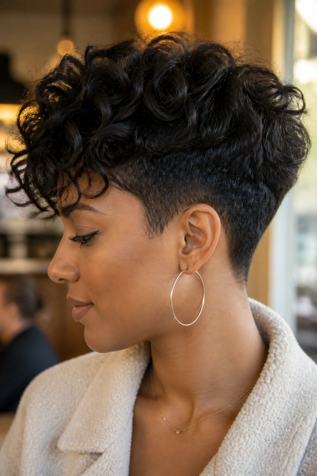 Close-up of a real woman with a tapered cut for dense natural curls