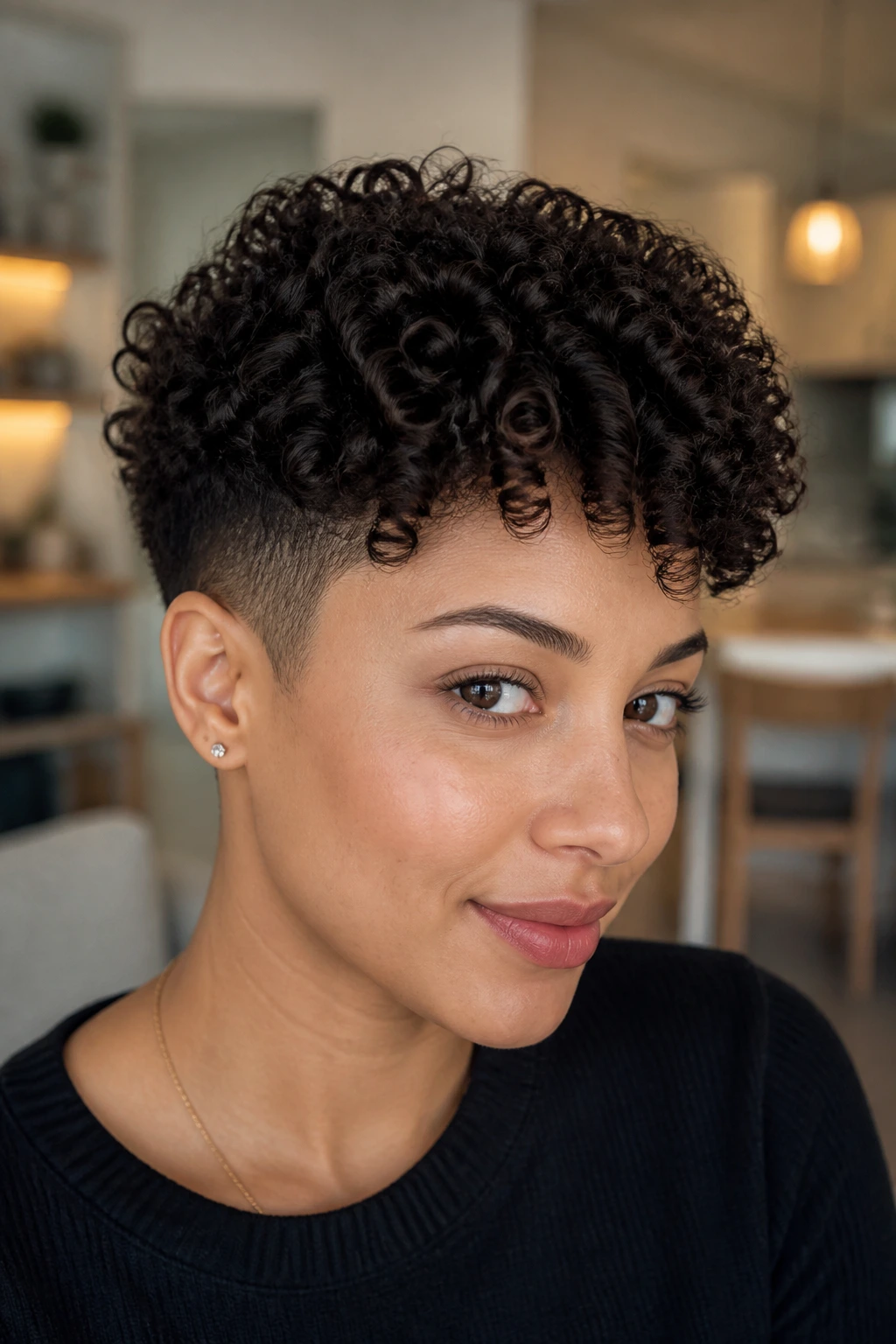 Portrait of a real woman with a dense curly tapered cut, showing defined silhouette