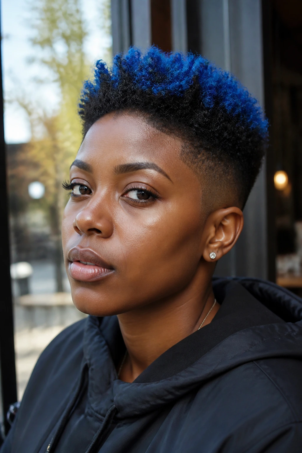 Real woman with tapered cut and electric blue tips in natural daylight