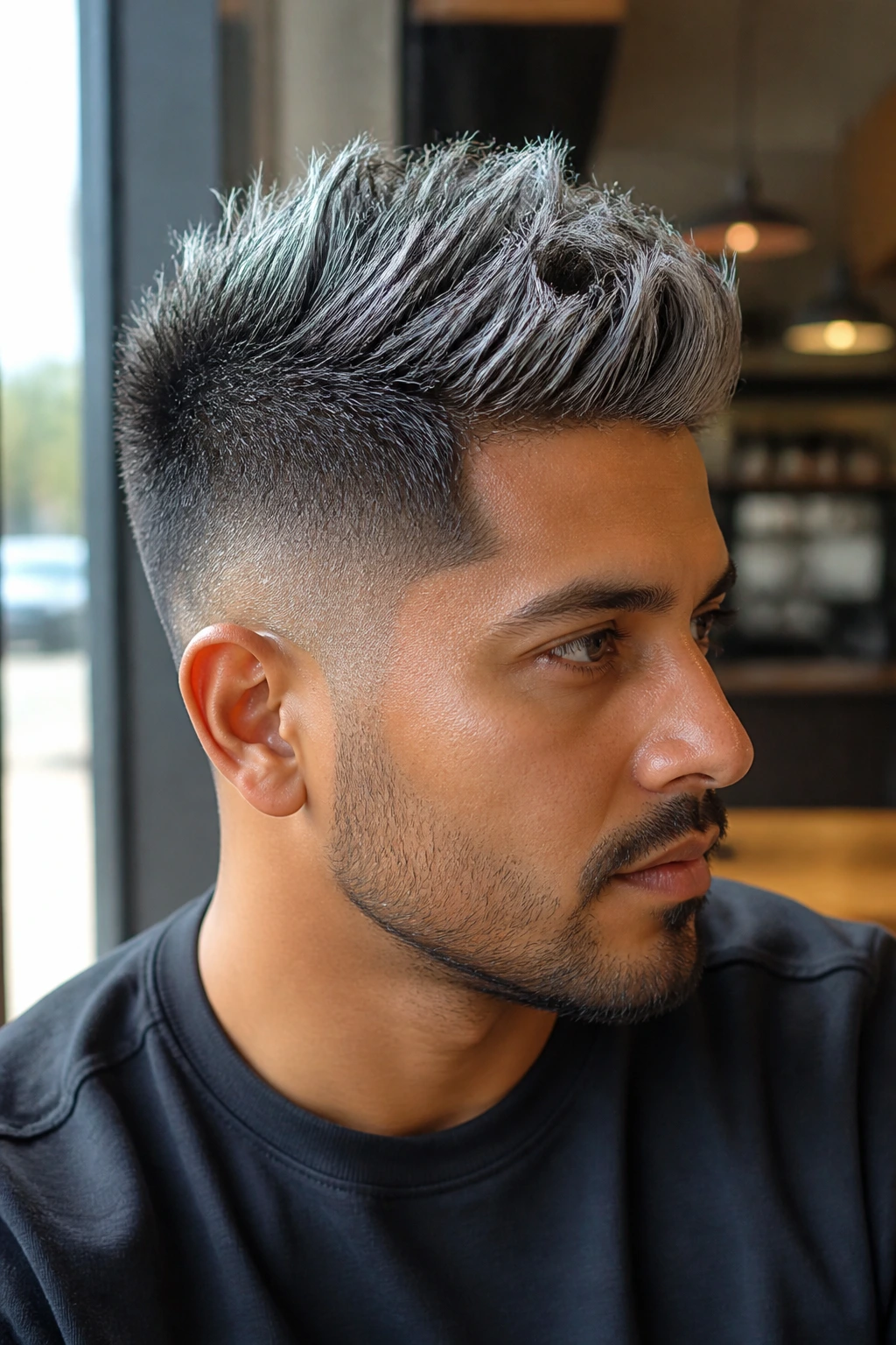 Close-up portrait of a tan-skinned person with a tapered cut and metallic grey top