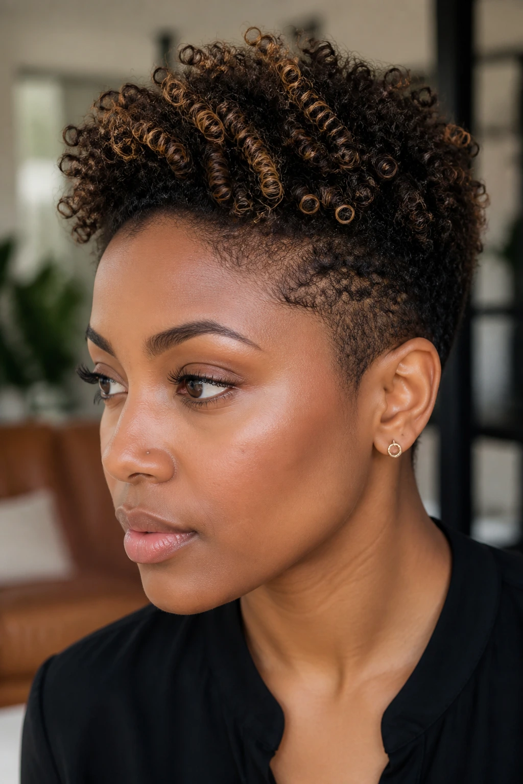 Real woman with a tapered cut and micro babylights close-up portrait